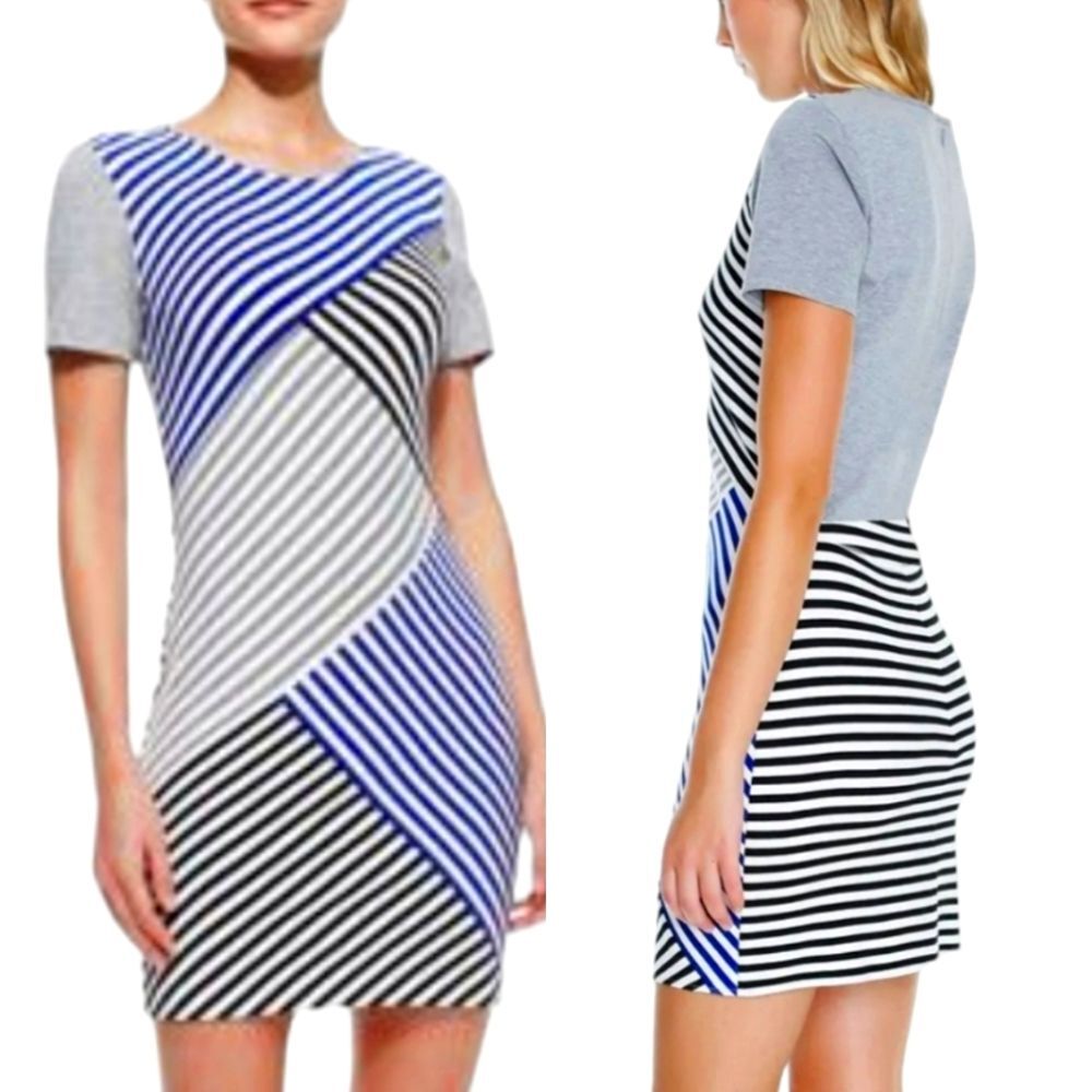 Tibi Striped Blue, Black & Gray Short Sleeve Sheath Dress